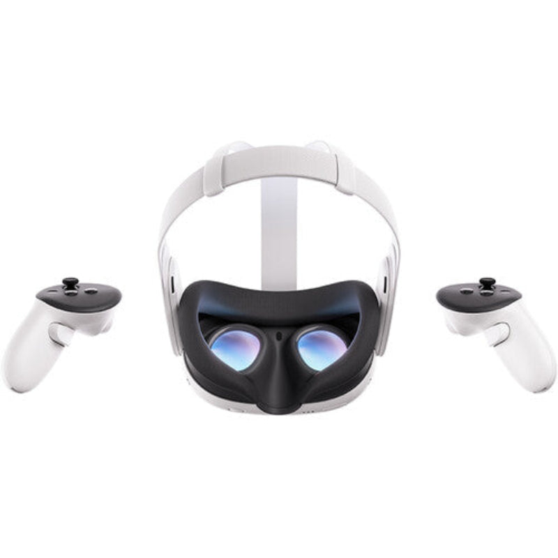 Meta Quest 3 512GB product box standing behind the headset and controllers, displaying branding and storage capacity.