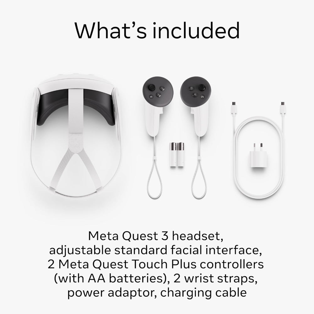 Meta Quest 3 512GB and controllers placed on a coffee table next to a TV, suggesting living room gaming setup.