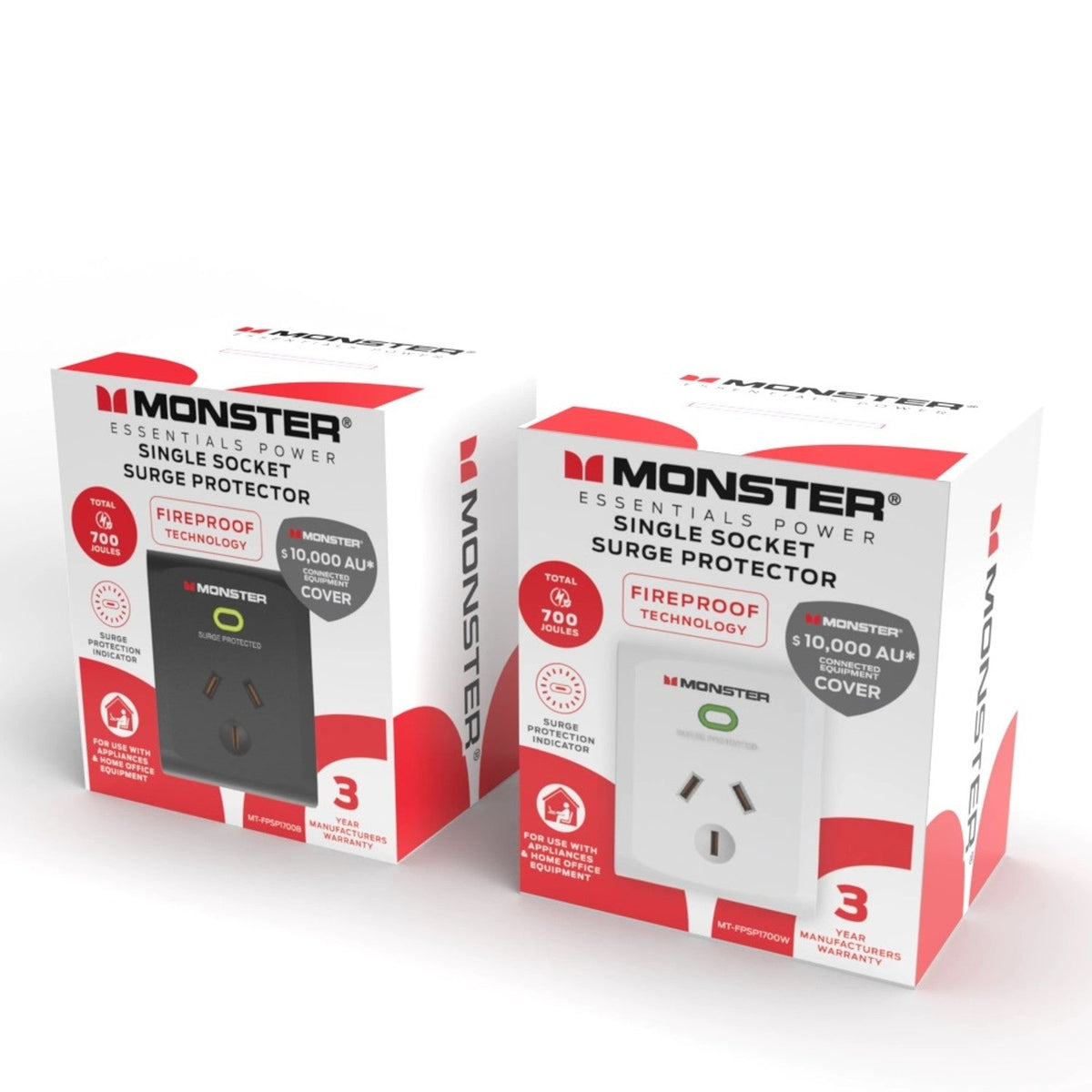 Monster Essentials Power Single Socket Surge Protector (700 Joules, Fireproof Technology) – White