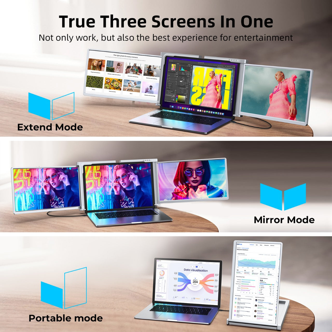 Laptop with multiple screen modes displayed on a desk.