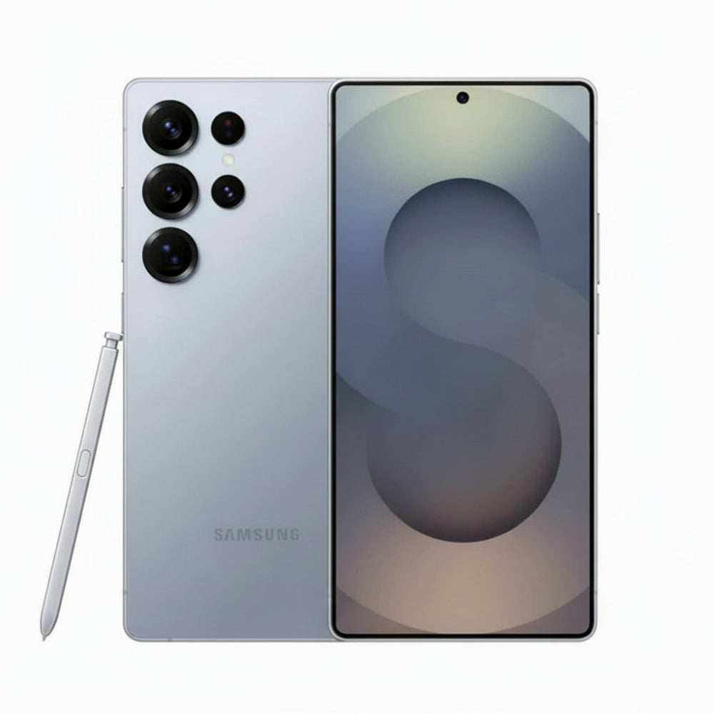 Back and side profile of Samsung Galaxy S25 Ultra 5G Titanium Whitesilver, showing titanium frame and button placement.