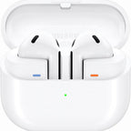 Samsung Galaxy Buds 3 White wireless earbuds with open-fit design and charging case.