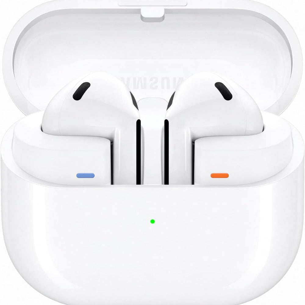 Samsung Galaxy Buds 3 White wireless earbuds with open-fit design and charging case.