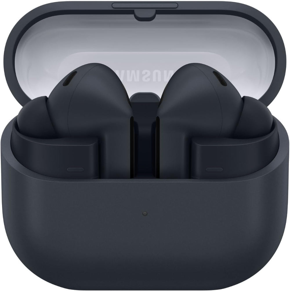 Samsung Galaxy Buds3 FE Black earbuds placed next to the closed charging case, emphasizing compact and portable design.