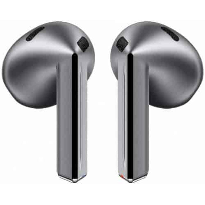 Silver wireless earbuds on a white background