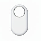 Close‑up of Samsung Galaxy SmartTag2 White showing pill‑shaped design with large central keyring hole and Samsung logo.​

