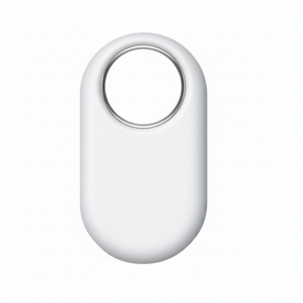 Close‑up of Samsung Galaxy SmartTag2 White showing pill‑shaped design with large central keyring hole and Samsung logo.​

