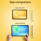 Galaxy Tab S10 FE+ on a desk with keyboard cover, showing split‑screen multitasking with browser and notes app.