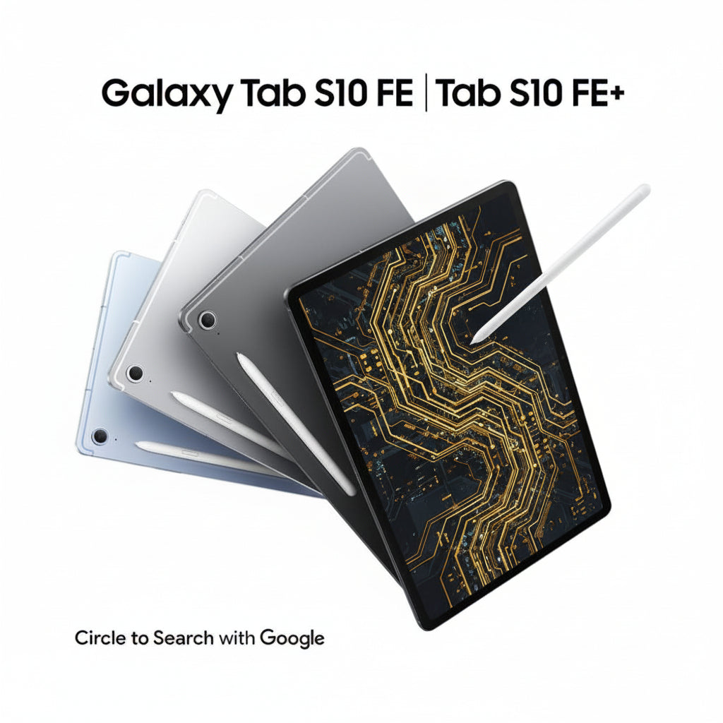 Samsung Galaxy Tab S10 FE+ Plus Light Blue on couch next to user watching video with headphones.

