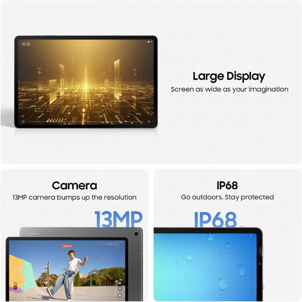 Galaxy Tab S10 FE+ Light Blue rear view showing IP68 marking and single rear camera with flash.
