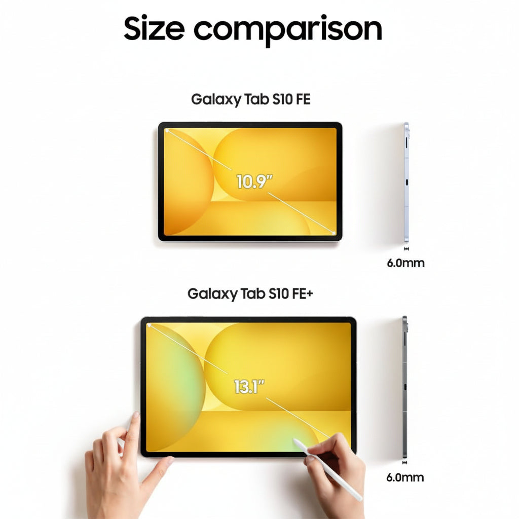 Samsung Galaxy Tab S10 FE+ Plus Light Blue in classroom setting displaying digital textbook.
