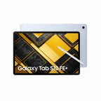 Samsung Galaxy Tab S10 FE+ Plus Light Blue held in hands in landscape mode streaming a movie.
