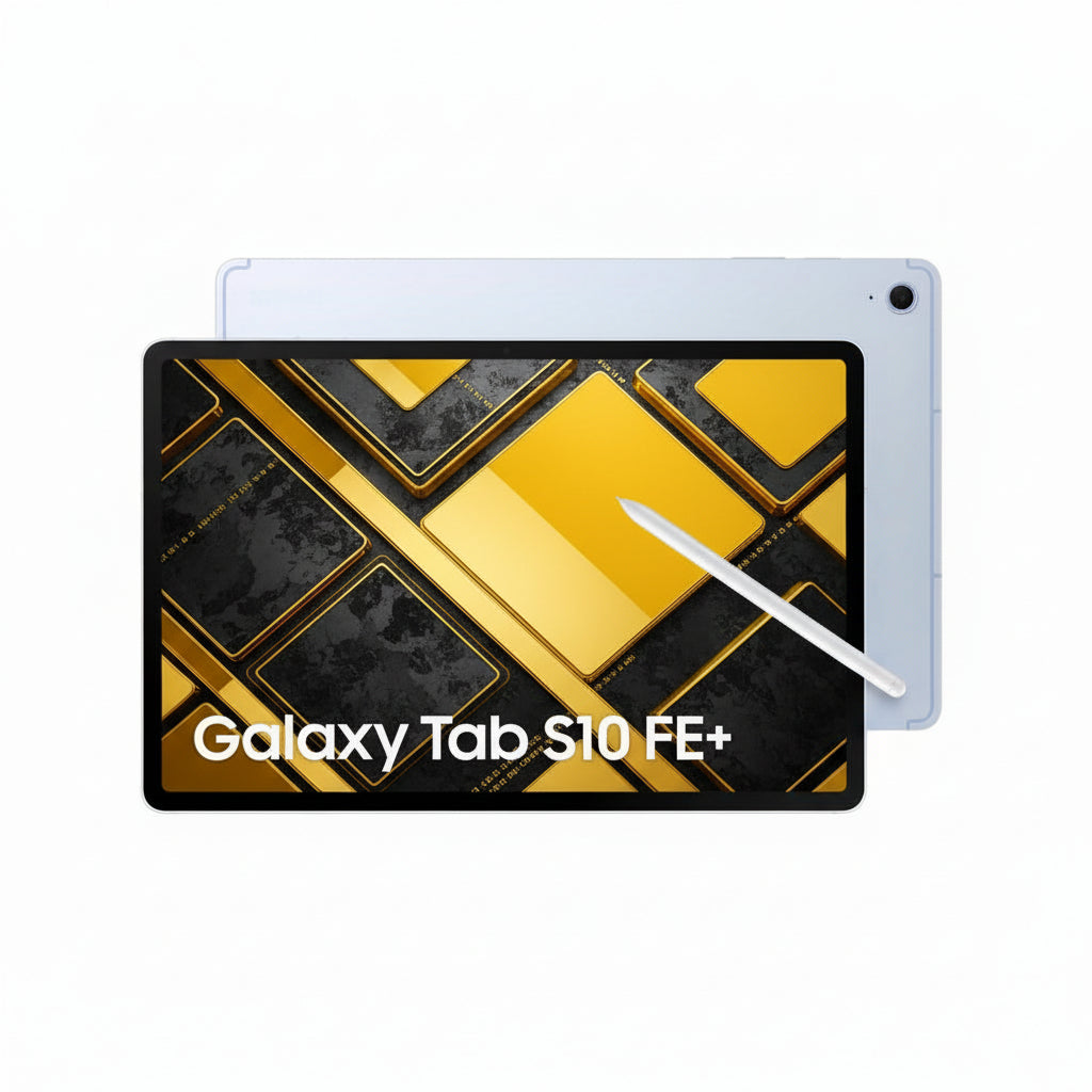 Samsung Galaxy Tab S10 FE+ Plus Light Blue held in hands in landscape mode streaming a movie.
