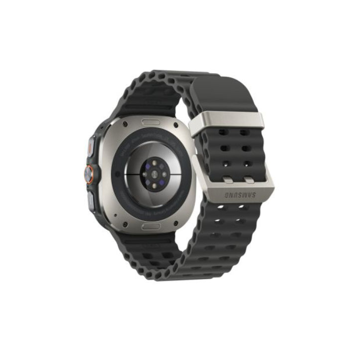 Close‑up of Galaxy Watch Ultra Titanium Silver showing titanium case, Sapphire Crystal and Quick Button detail