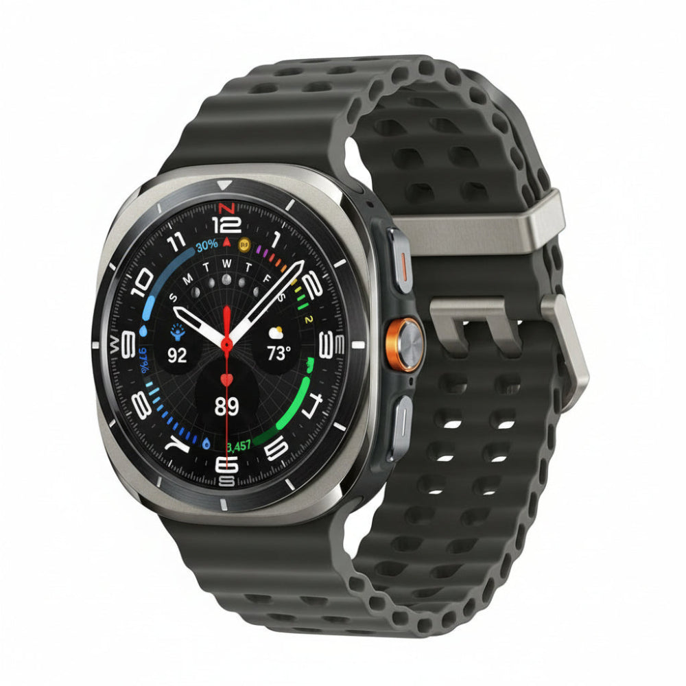 Samsung Galaxy Watch Ultra L705 on wrist during outdoor run with GPS route and pace data visible on screen