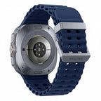 Galaxy Watch Ultra 47mm Titanium Grey on wrist with elevation, barometer and compass widgets visible.