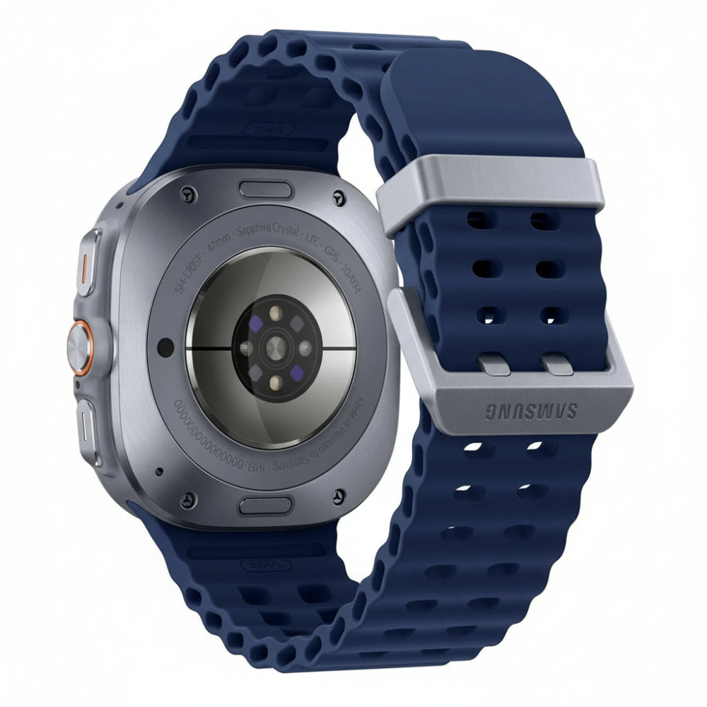 Galaxy Watch Ultra 47mm Titanium Grey on wrist with elevation, barometer and compass widgets visible.