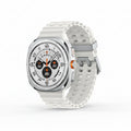 Samsung Watch Ultra 47mm Titanium White on a sandy beach with running shoes and sunglasses in frame.