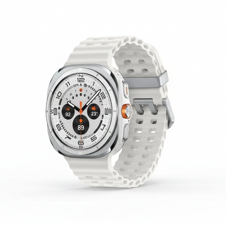 Samsung Watch Ultra 47mm Titanium White on a sandy beach with running shoes and sunglasses in frame.
