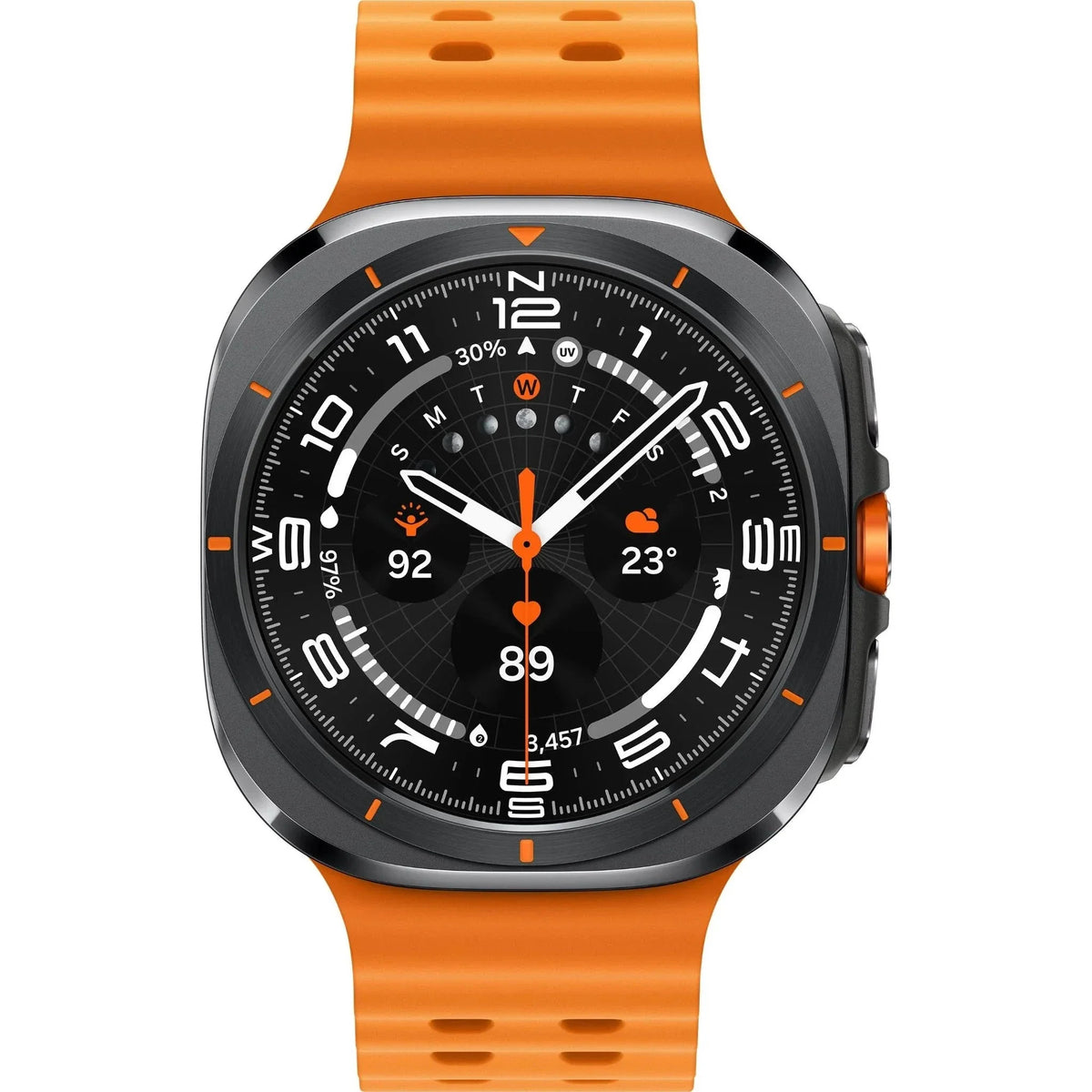 Galaxy Watch Ultra 47mm Titanium Silver on a wetsuit sleeve, tracking an open‑water swim session.