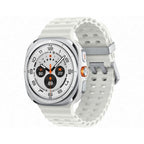 Samsung Galaxy Watch Ultra Titanium White on wrist displaying outdoor running metrics with pace, distance and heart rate.