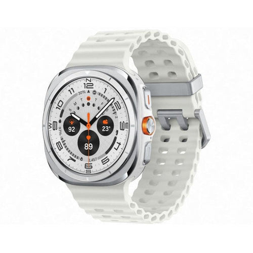 Samsung Galaxy Watch Ultra Titanium White on wrist displaying outdoor running metrics with pace, distance and heart rate.