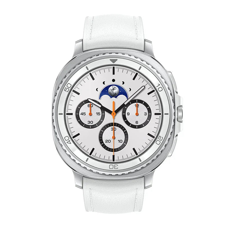 Samsung Galaxy Watch8 Classic White on wireless charging puck with charging animation.