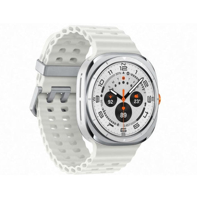 Top‑down view of Samsung Galaxy Watch Ultra Titanium White on a rock showing dual‑frequency GPS route screen.