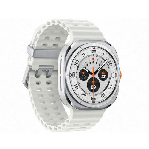 Top‑down view of Samsung Galaxy Watch Ultra Titanium White on a rock showing dual‑frequency GPS route screen.