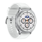 Close‑up of Galaxy Watch8 Classic White hybrid band and stainless steel buckle.