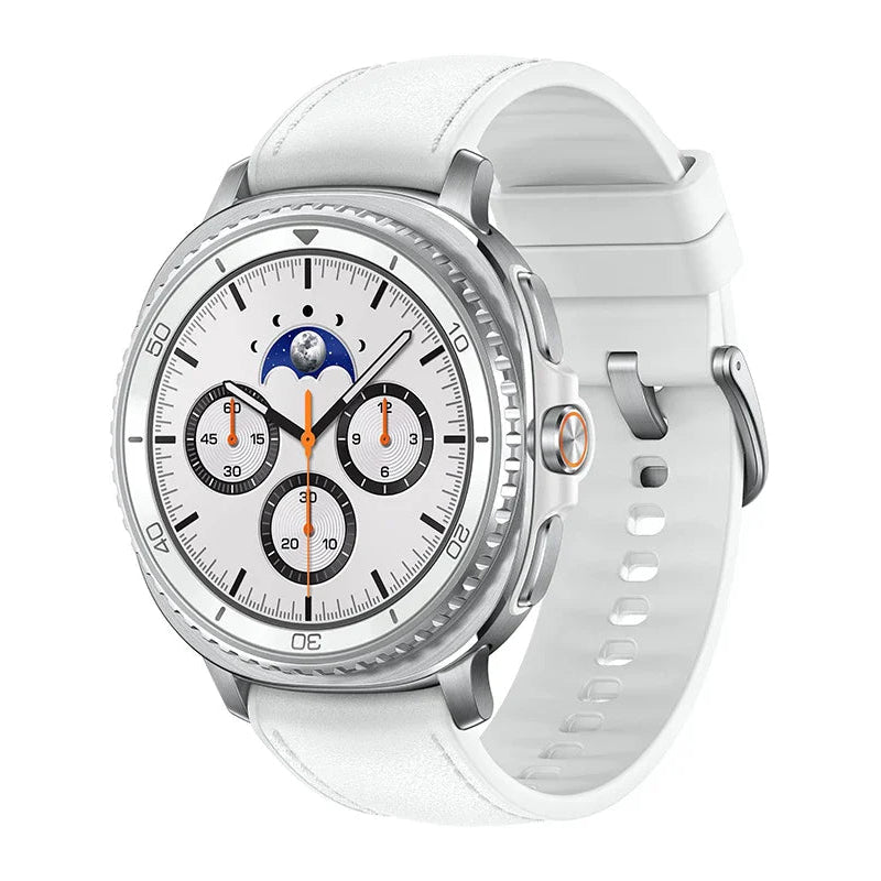 Samsung Galaxy Watch8 Classic 46mm White showing dual‑band GPS route map for cycling activity.