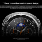 Samsung Galaxy Watch8 Classic White with calendar widget and weather complication on home screen.