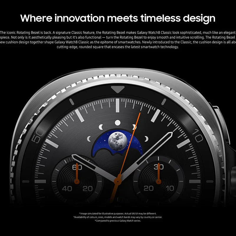 Samsung Galaxy Watch8 Classic White with calendar widget and weather complication on home screen.