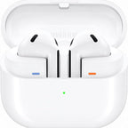Samsung Galaxy Buds 3 White wireless earbuds with open-fit design and charging case.