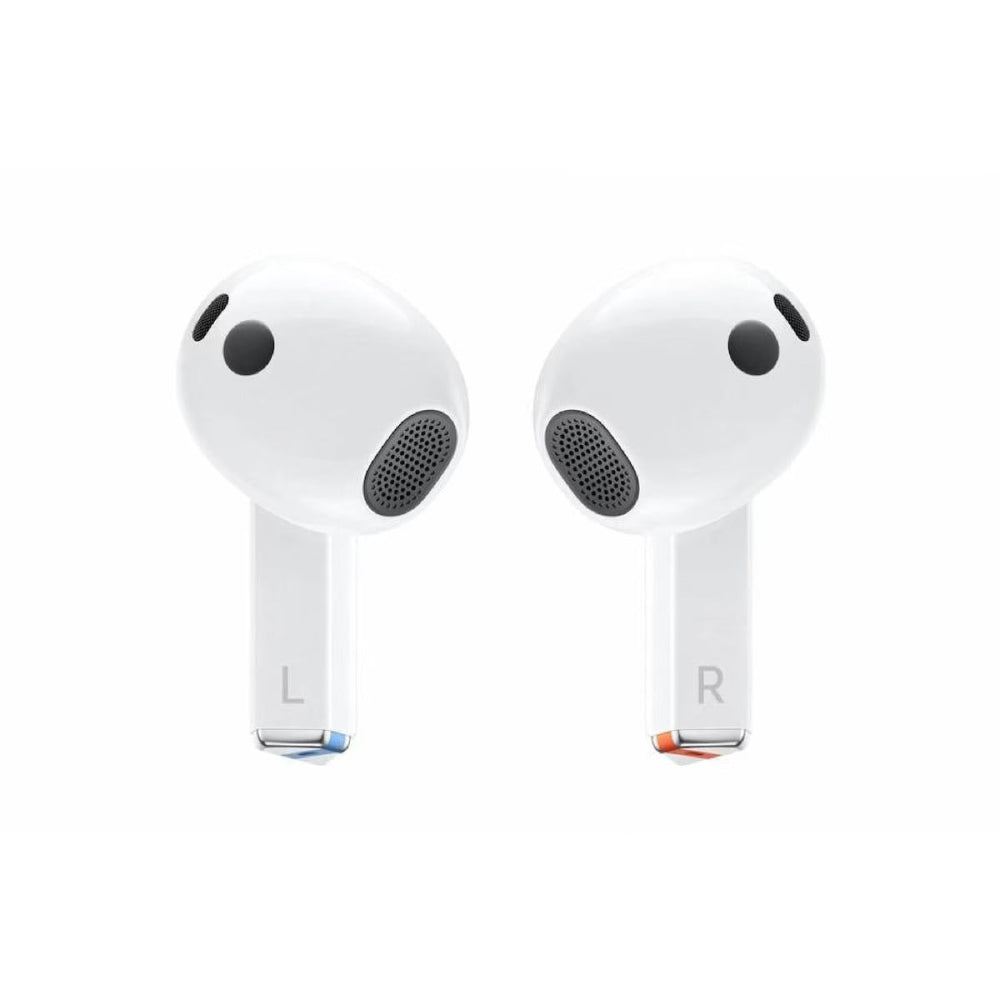 Close-up of Galaxy Buds 3 White showing touch controls and slim earbud shape.