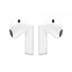 Galaxy Buds 3 White wireless earbuds positioned on a table beside the charging case.