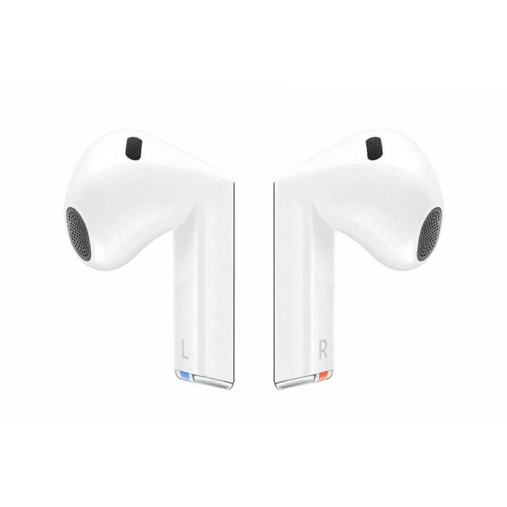 Galaxy Buds 3 White wireless earbuds positioned on a table beside the charging case.