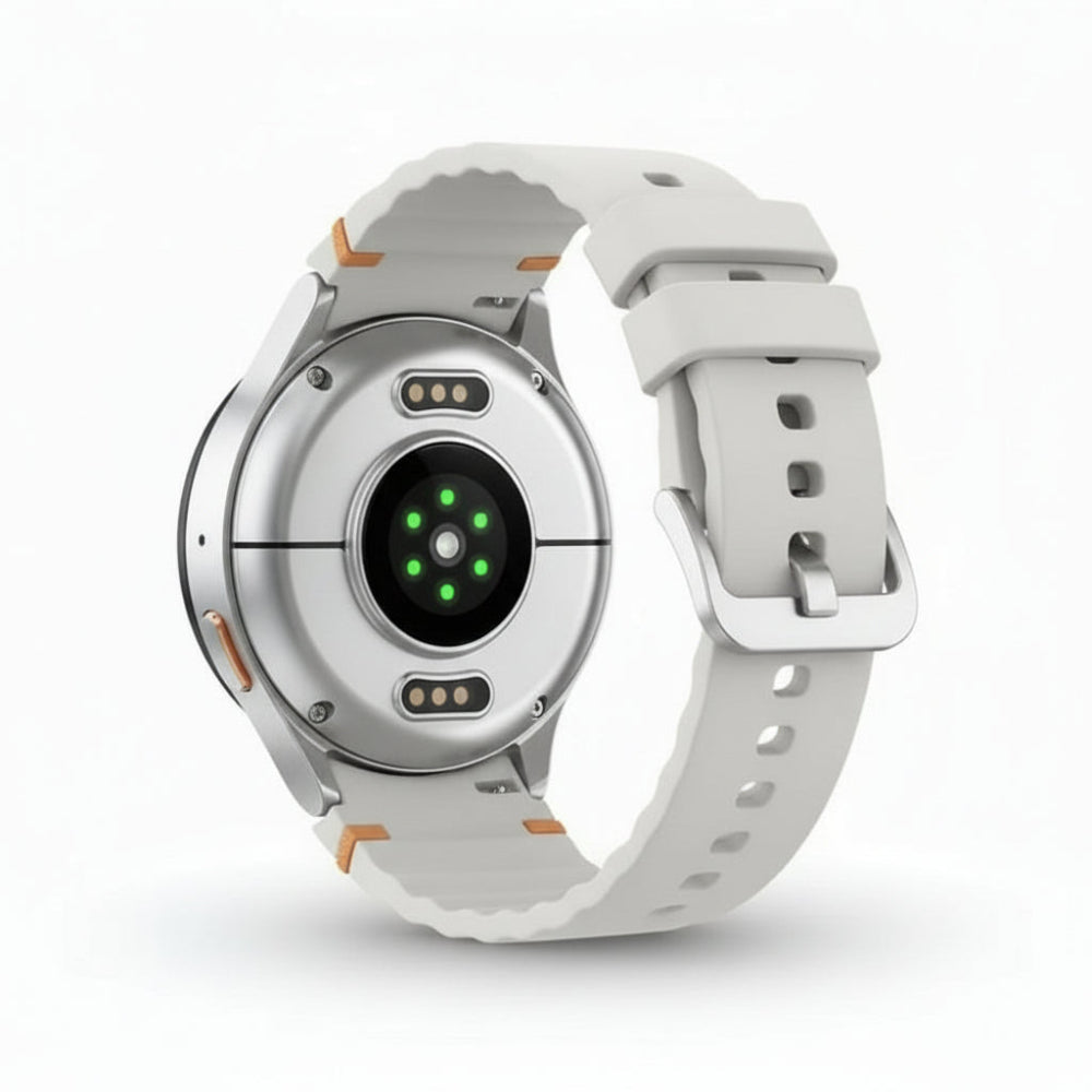 Side profile of Galaxy Watch7 44mm Silver showing slim 9.7 mm thickness and curved lugs.