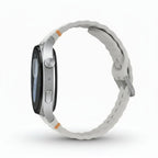 Galaxy Watch7 44mm Silver in workout screen tracking an outdoor run with GPS route and pace.