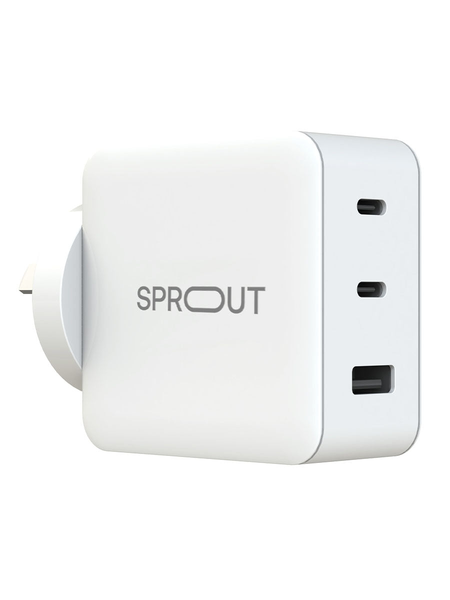 Sprout 65W GaN Power Adapter – White – 3-Port Fast Charger - (AU Version) Box Damage