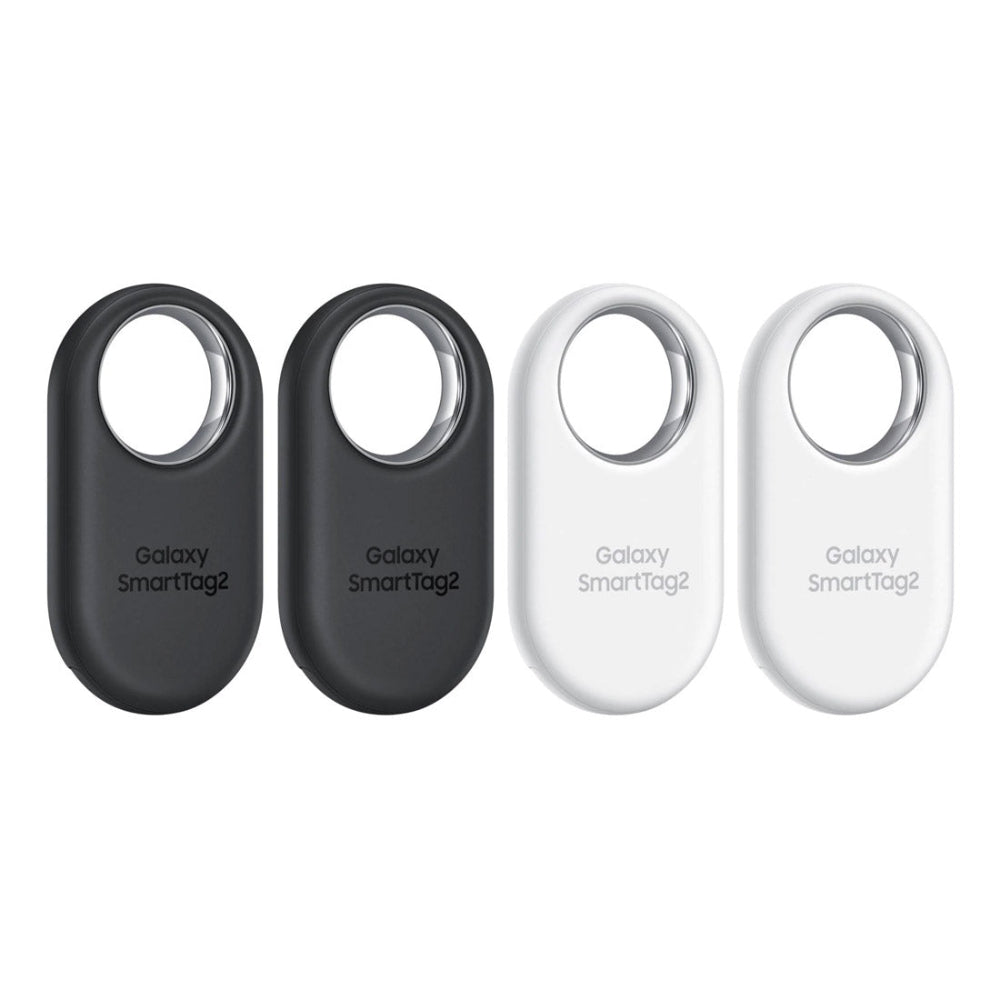 Samsung SmartTag2 Bluetooth trackers in Black and White neatly aligned in a row