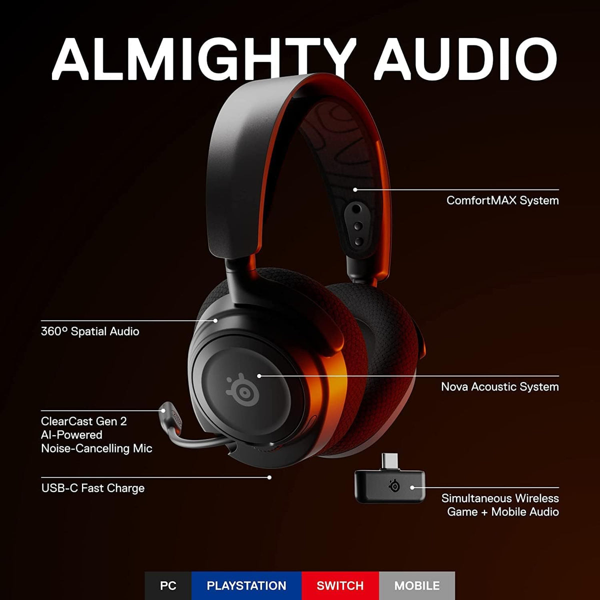 SteelSeries Arctis Nova 7 Wireless USB-C Gaming Headset - Multi-Platform (PC, PlayStation, Switch, Android), Bluetooth, 38-Hour Battery, Fast Charging, Noise-Cancelling Gen 2 Mic