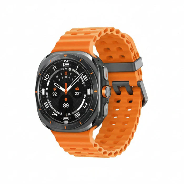 Galaxy Watch Ultra 47mm on a cyclist’s wrist showing multisport screen with triathlon time, distance and calories.
