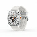 Front view of Samsung Watch Ultra 47mm LTE in Titanium Blue showing 1.47‑inch AMOLED display with triathlon watch face.