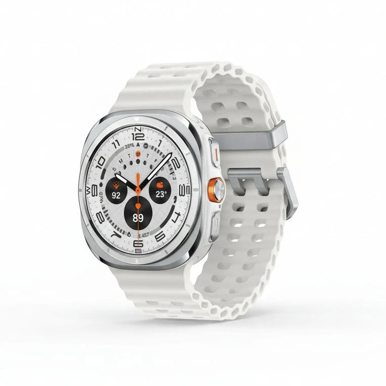 Front view of Samsung Watch Ultra 47mm LTE in Titanium Blue showing 1.47‑inch AMOLED display with triathlon watch face.