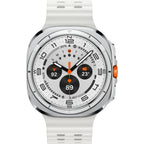 Angled close‑up of Galaxy Watch Ultra 47mm Titanium Grey highlighting titanium cushion frame and raised bezel.