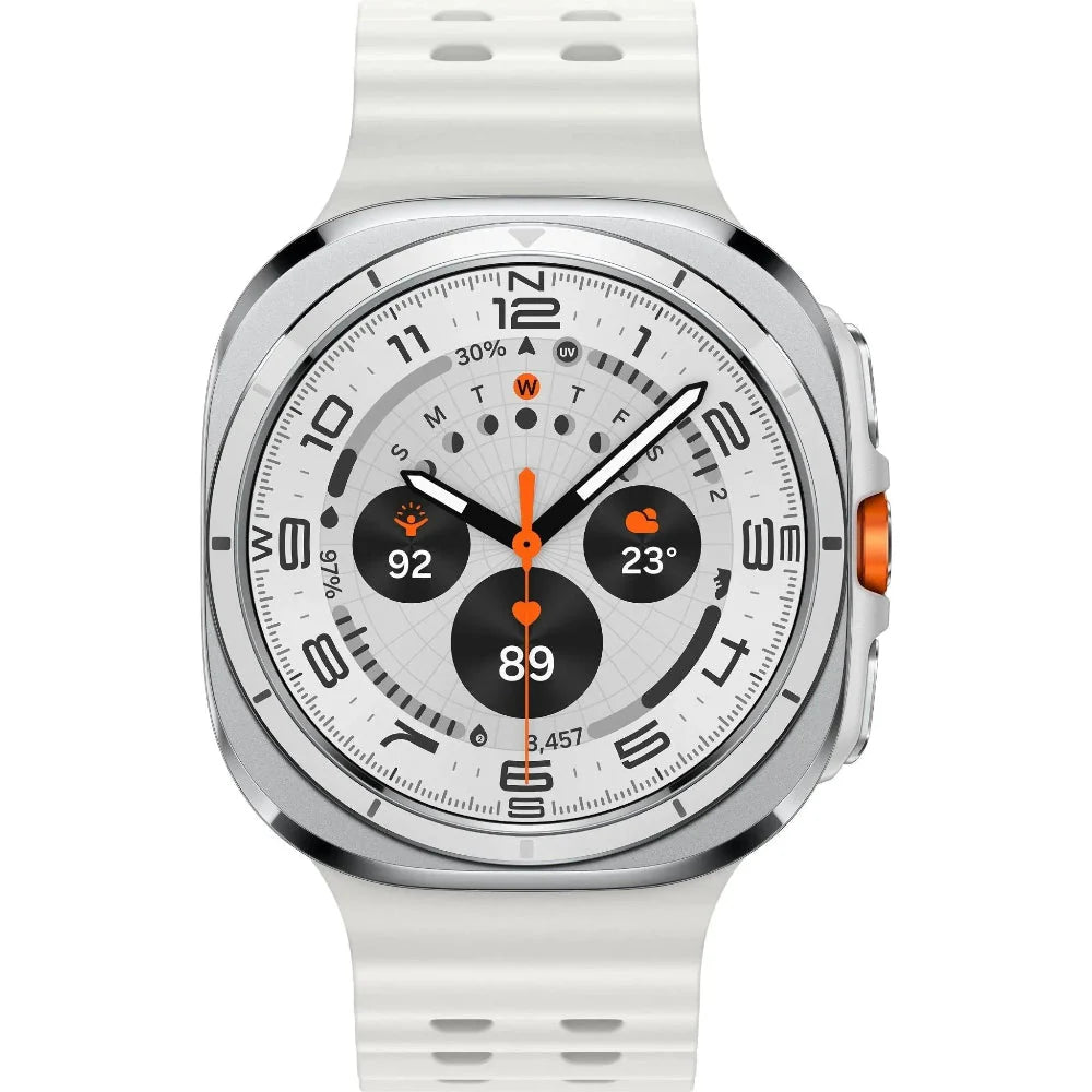 Angled close‑up of Galaxy Watch Ultra 47mm Titanium Grey highlighting titanium cushion frame and raised bezel.