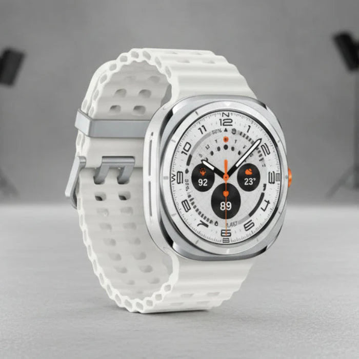 Side profile of Galaxy Watch Ultra 47mm showing Quick Button and large digital crown for gloved use.