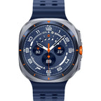 Top‑down shot of four Galaxy Watch Ultra 47mm units in Titanium Blue, Titanium Silver, Titanium White and Titanium Grey.