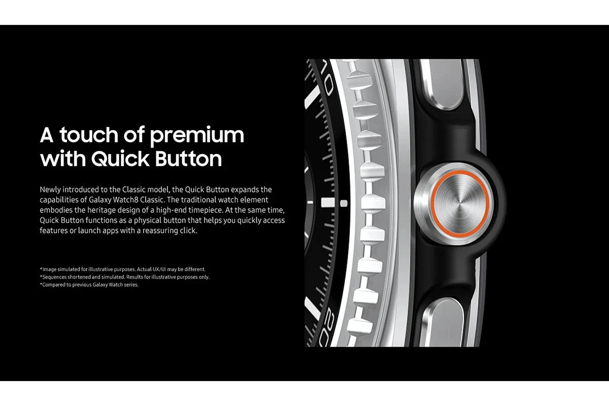 Samsung Galaxy Watch8 Classic 46mm Black on wrist with analog-style watch face and rotating bezel shadow

